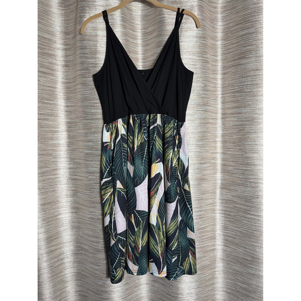 Womens Tropical Palm Leaf Print Wrap Bodice Midi Dress Black‎ Green Large 1061